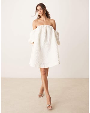 YAS off shoulder puff sleeve structured jaquard mini dress in gardenia white