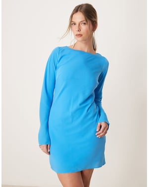 Abercrombie & Fitch long sleeve slash neck asymmetric hem mini dress in blue