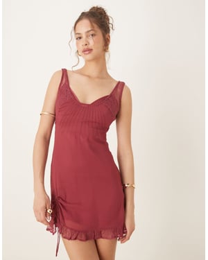 ASOS DESIGN lace and chiffon mini dress with ruched hem detail in raspberry