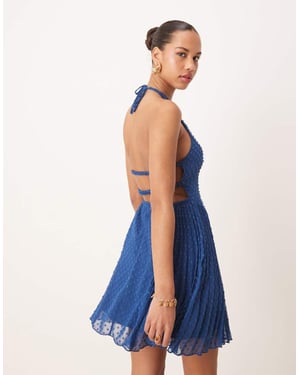 ASOS DESIGN fluffy dobby racer neck pleat panel mini dress in dark blue