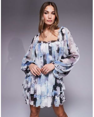 ASOS DESIGN raw edge panelled mini dress with blouson sleeves in abstract print