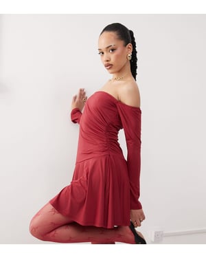 Labelrail x Jennifer McKing slinky ruffle off-shoulder mini dress in burgundy