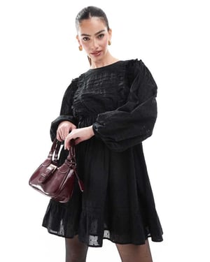 Miss Selfridge long sleeve pintuck trim insert mini dress in black