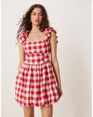 ASOS DESIGN square neck mini smock dress with bubble hem in red gingham
