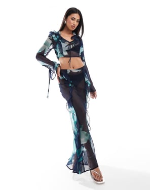ASOS DESIGN chiffon maxi skirt co-ord in blue abstract floral print