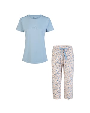 By Louise Dames capri pyjama set driekwart broek blauw/soft orange gebloemd