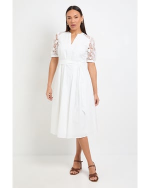 Petite Cotton Lace Belted Midi Dress