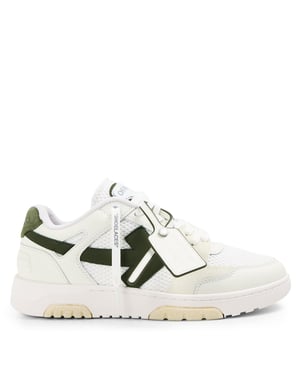 Men's Off White Slim Low Calfskin Leather Trainers in White/Olive