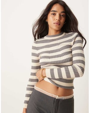 Pieces chunky ribbed knit long sleeve top in bold grey stripe