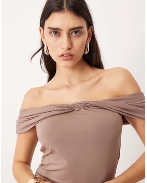 Abercrombie & Fitch asymmetric twist off shoulder top in brown