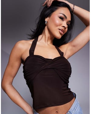 ASOS DESIGN knot front detail halter top in chocolate