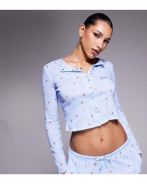 Kaiia exclusive cotton rich pointelle button through pyjama top co-ord in baby blue ditsy floral