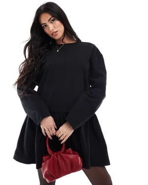 Miss Selfridge långärmad denimklänning med knytkrage i svart