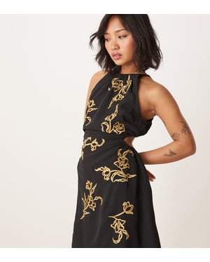 ASOS DESIGN petite helblommig broderad halterneck mini klänning med öppen rygg i svart
