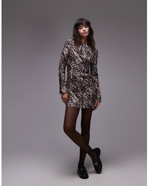 Topshop plisserad långärmad mini klänning i leopardmönster