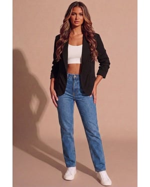Ruched Sleeve Tailored Open Front Blazer