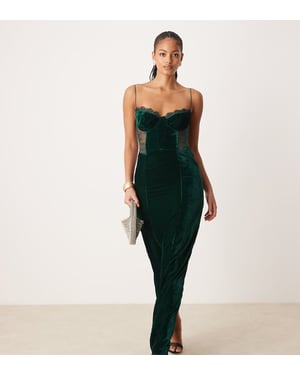 ASOS DESIGN Lång sammetstopp midi klänning med spetsinsats i djup teal