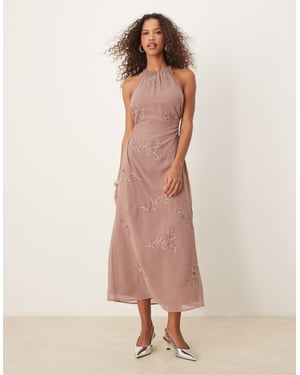 ASOS DESIGN maxiklänning med blommönster och broderi, halterneck med öppen rygg i mink