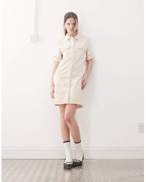 Noisy May rullad ärm denim mini klänning i krämfärg