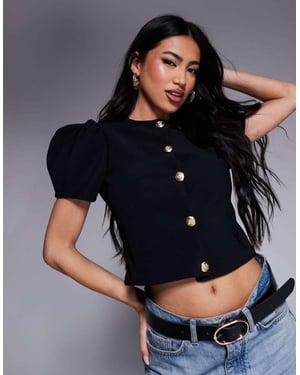 ASOS DESIGN ribbad puffärms strukturerad knappad topp i svart
