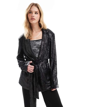 ASOS DESIGN paljetterad blazer med knytmidja i svart
