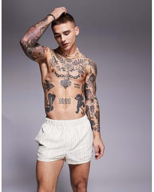 ASOS DESIGN seersucker randiga badshorts i superkort längd i sten