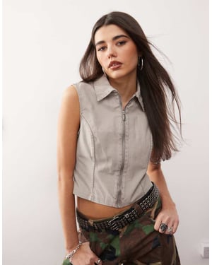 Monki twill zip-up väst i beige