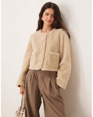 ASOS DESIGN collarless bonded borg jacket in cream