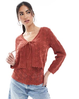 Vero Moda kortärmad virkade cardigan i terrakotta