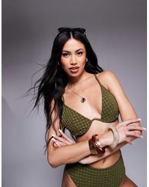 ASOS DESIGN Lizzie seersucker monowire bikinitopp i khaki