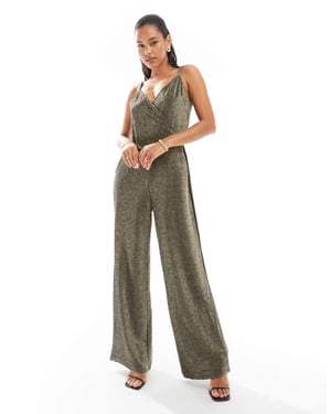 Vero Moda bandat vida byxdress i svart och guldglitter