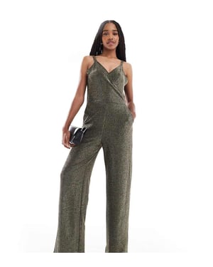 Vero Moda Tall axelbandslös jumpsuit med vida ben i svart och guldglitter