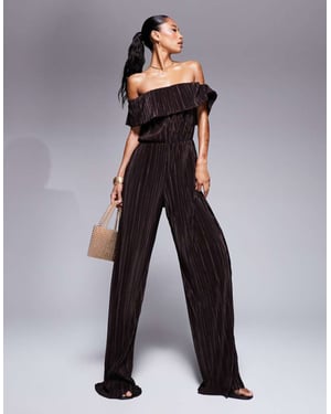 ASOS DESIGN plisse bardot vida byxor jumpsuit i choklad