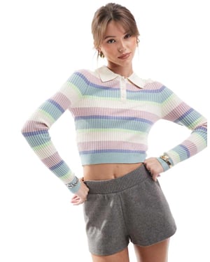 ONLY cropped knitted polo in pastel stripes