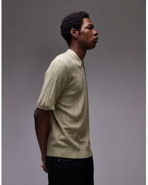 Topman stickad kortärmad 1/4 dragkedja texturerad polo-tröja i salvie