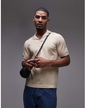 Topman short sleeve knitted open revere shirt in stone