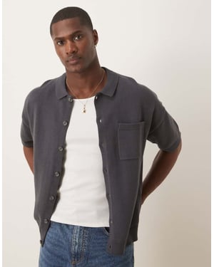 ASOS DESIGN relaxed midweight knitted cotton button through polo in charcoal