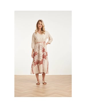 Smashed Lemon Maxi-jurk met roest en zand palm print en tassel-ceintuur |