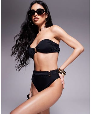 ASOS DESIGN Ella high waist bikini bottom with gold trim in black