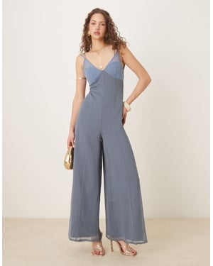 ASOS DESIGN v neck sheer panel chiffon jumpsuit in two tone blue