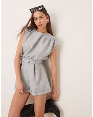ASOS DESIGN tailored paper bag short playsuit with belt detail in grey
