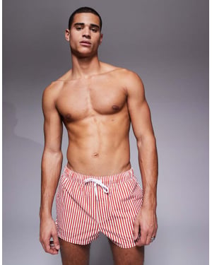 ASOS DESIGN seersucker swim shorts in super short length in red stripe