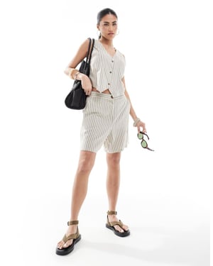 Vero Moda linen touch tailored shorts co-ord in stone stripe