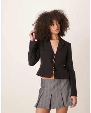 Gina Tricot tailored short fitted blazer with tie front bow detail in black