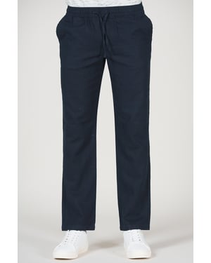 Navy Cotton Linen Drawstring Straight Leg Trousers