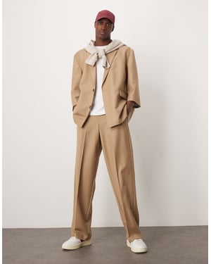 ASOS DESIGN linen blend wide suit trousers in stone slub