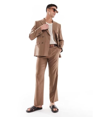 ASOS DESIGN linen blend tapered suit trousers in brown - BROWN