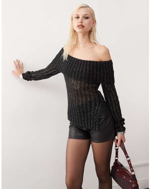 Monki långärmad off-shoulder stickad topp i svart