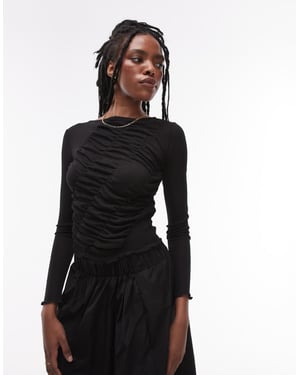 Topshop long sleeve shirred top in black