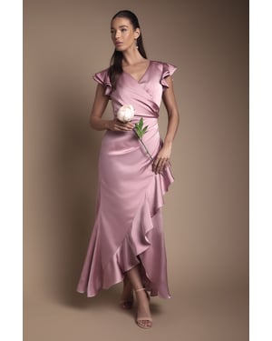 Wrap Front Frill Hem Cap Sleeve Bridesmaid Dress